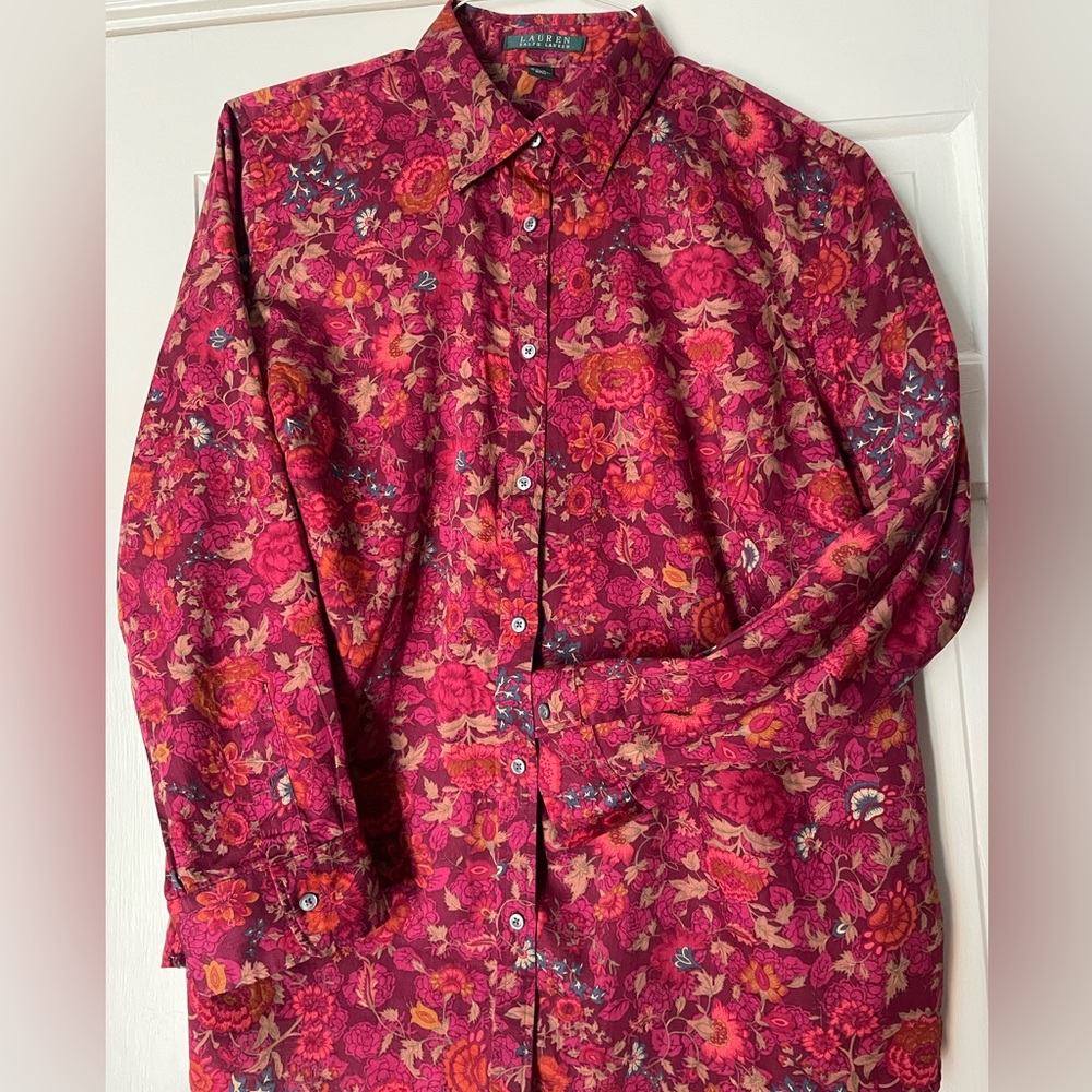 Lauren Ralph Lauren fall patterned, cranberry, lightweight cotton blouse 1xl